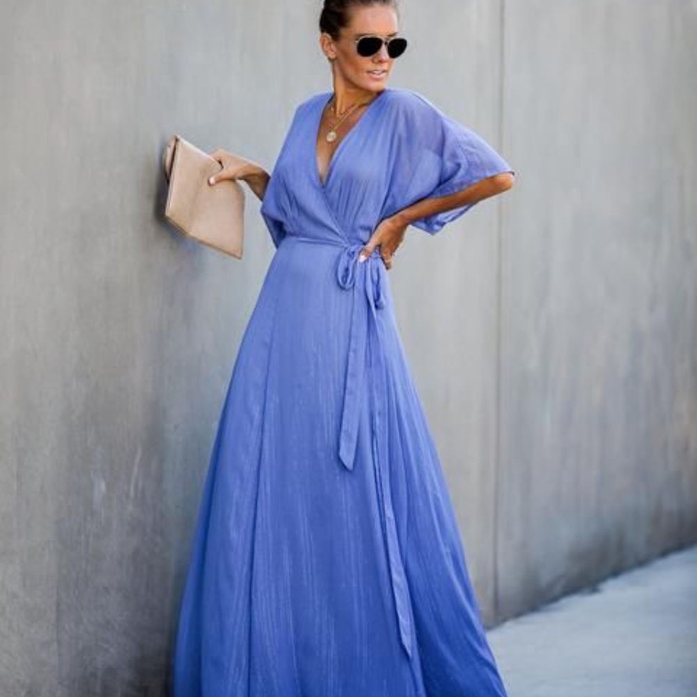 VICI FASCINATE WRAP KIMONO MAXI DRESS in INK BLUE w/ slight sparkle